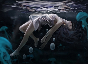 女子 水下 海底 海母 唯美艺术插画 4k动漫壁纸