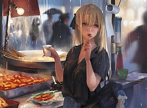 动漫女孩街头吃美食4K壁纸